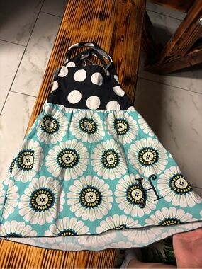 Lolly Wolly Doodle Aqua, White & Black Floral Polka Halter Dress